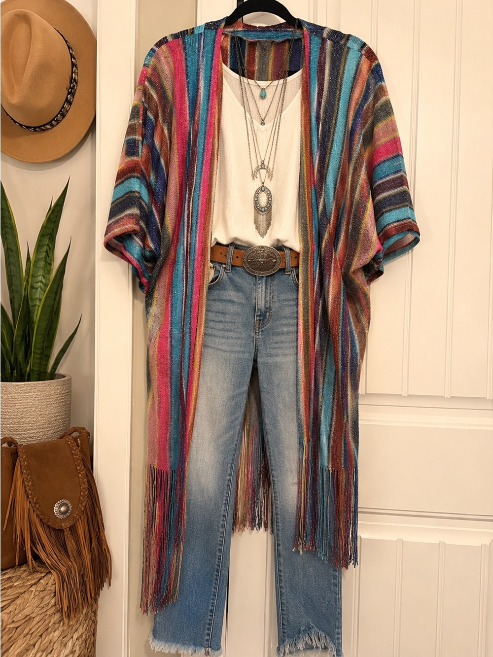 Vince Camuto Multicolor Striped Knit Fringe Cardigan O/S